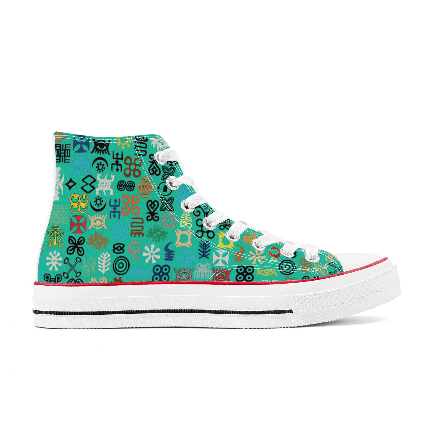 ADINKRA HIGH TOP CANVAS SHOES - TURQUOISE GREEN SNEAKERS WITH MULTICOLOR PRINT