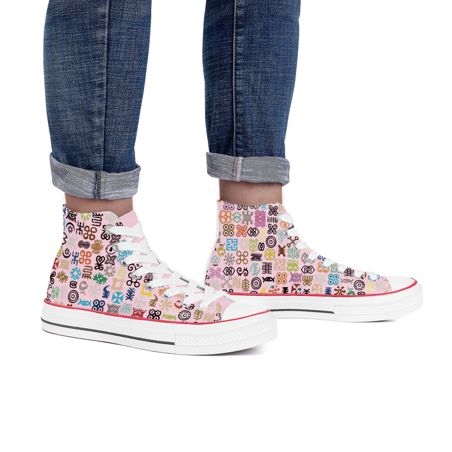 ADINKRA HIGH TOP CANVAS SHOES - SOFT PINK SNEAKERS WITH MULTICOLOR PRINT