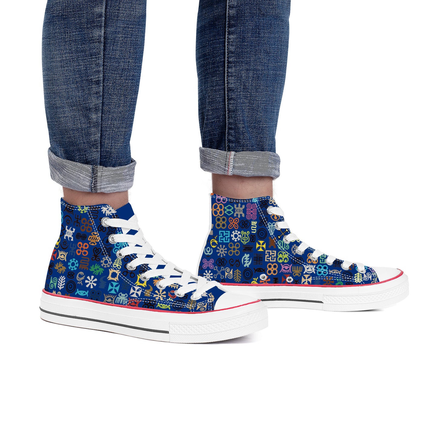 ADINKRA HIGH TOP CANVAS SHOES - BLUE SNEAKERS WITH MULTICOLOR PRINT