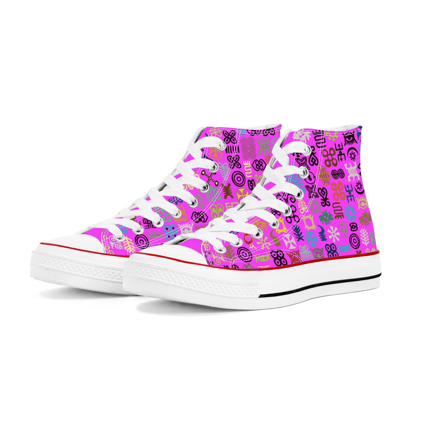 ADINKRA HIGH TOP CANVAS SHOES - HOT PURPLE SNEAKERS WITH MULTICOLOR PRINT