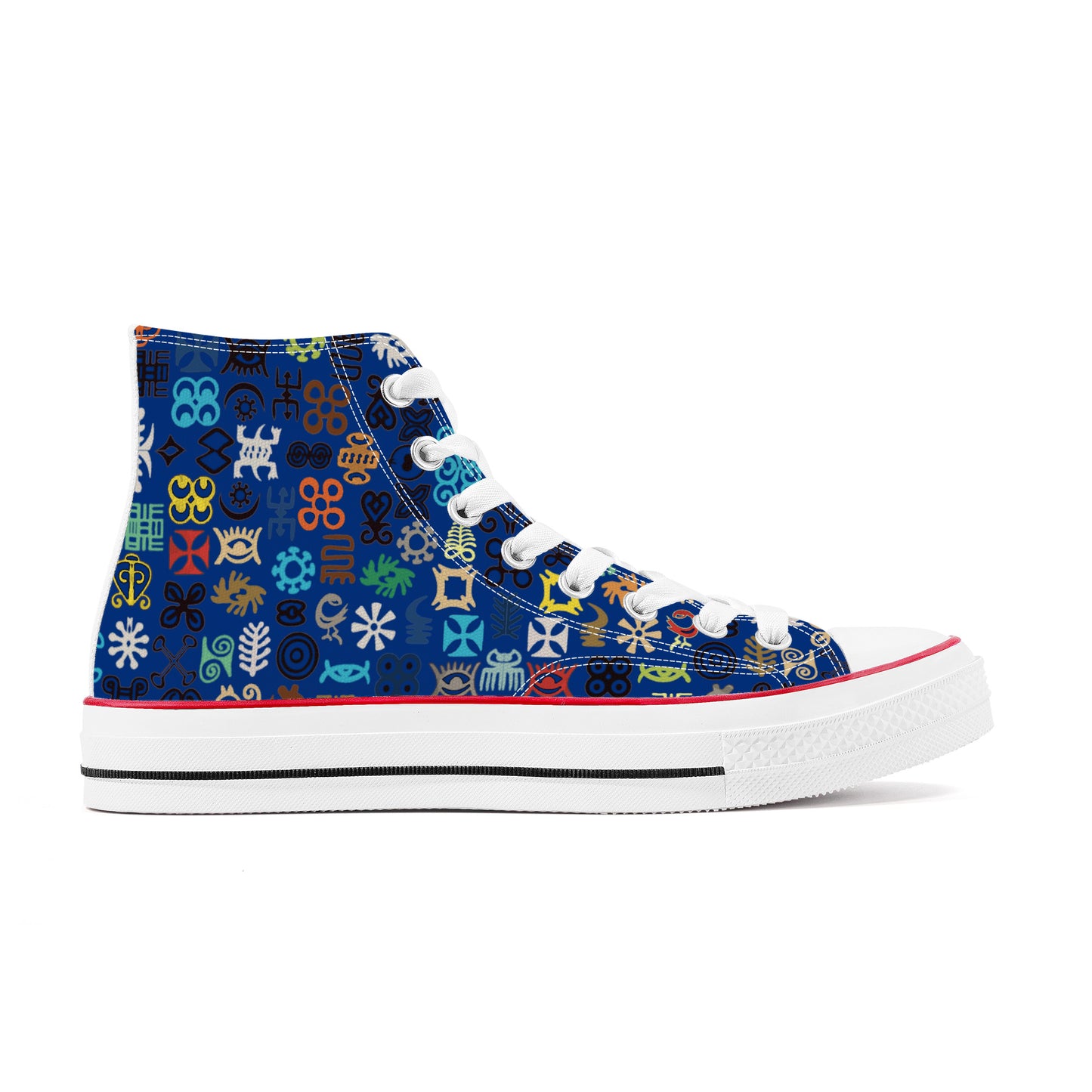 ADINKRA HIGH TOP CANVAS SHOES - BLUE SNEAKERS WITH MULTICOLOR PRINT