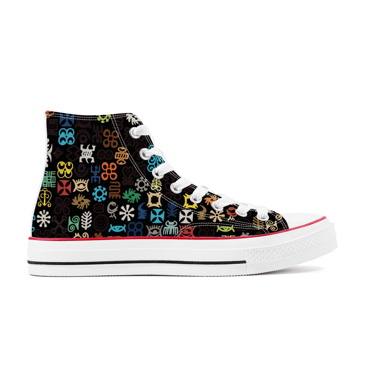 ADINKRA HIGH TOP CANVAS SHOES - BLACK SNEAKERS WITH MULTICOLOR PRINT