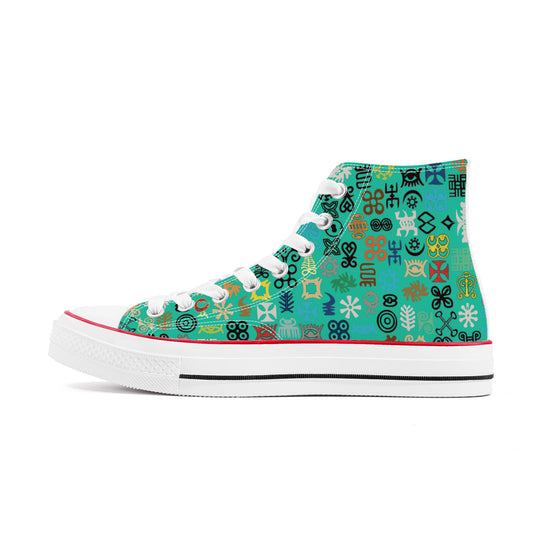 ADINKRA HIGH TOP CANVAS SHOES - TURQUOISE GREEN SNEAKERS WITH MULTICOLOR PRINT