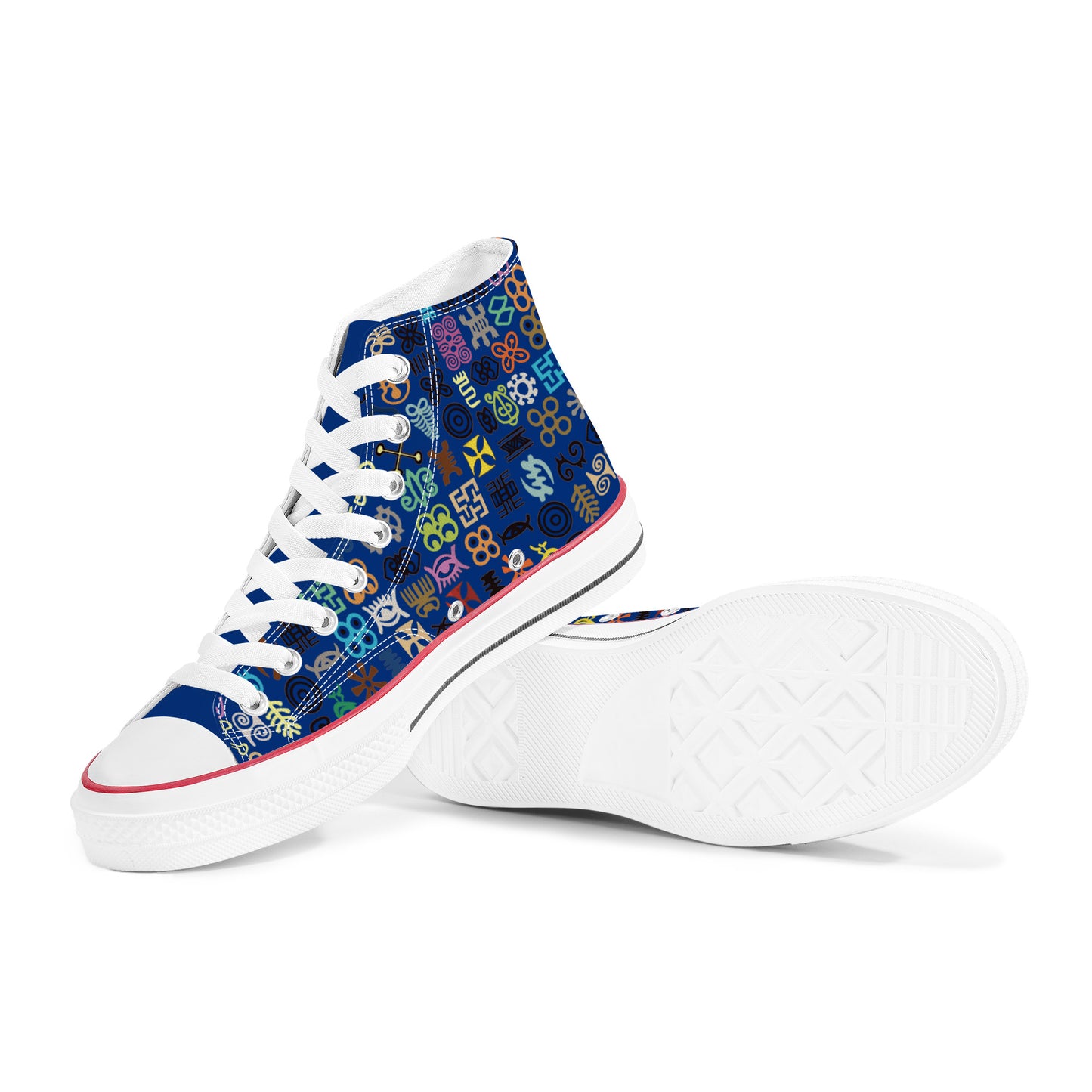 ADINKRA HIGH TOP CANVAS SHOES - BLUE SNEAKERS WITH MULTICOLOR PRINT