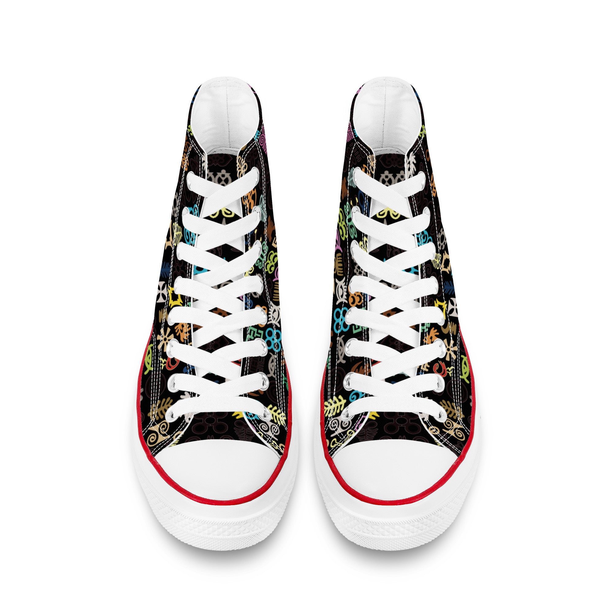 ADINKRA HIGH TOP CANVAS SHOES - BLACK SNEAKERS WITH MULTICOLOR PRINT