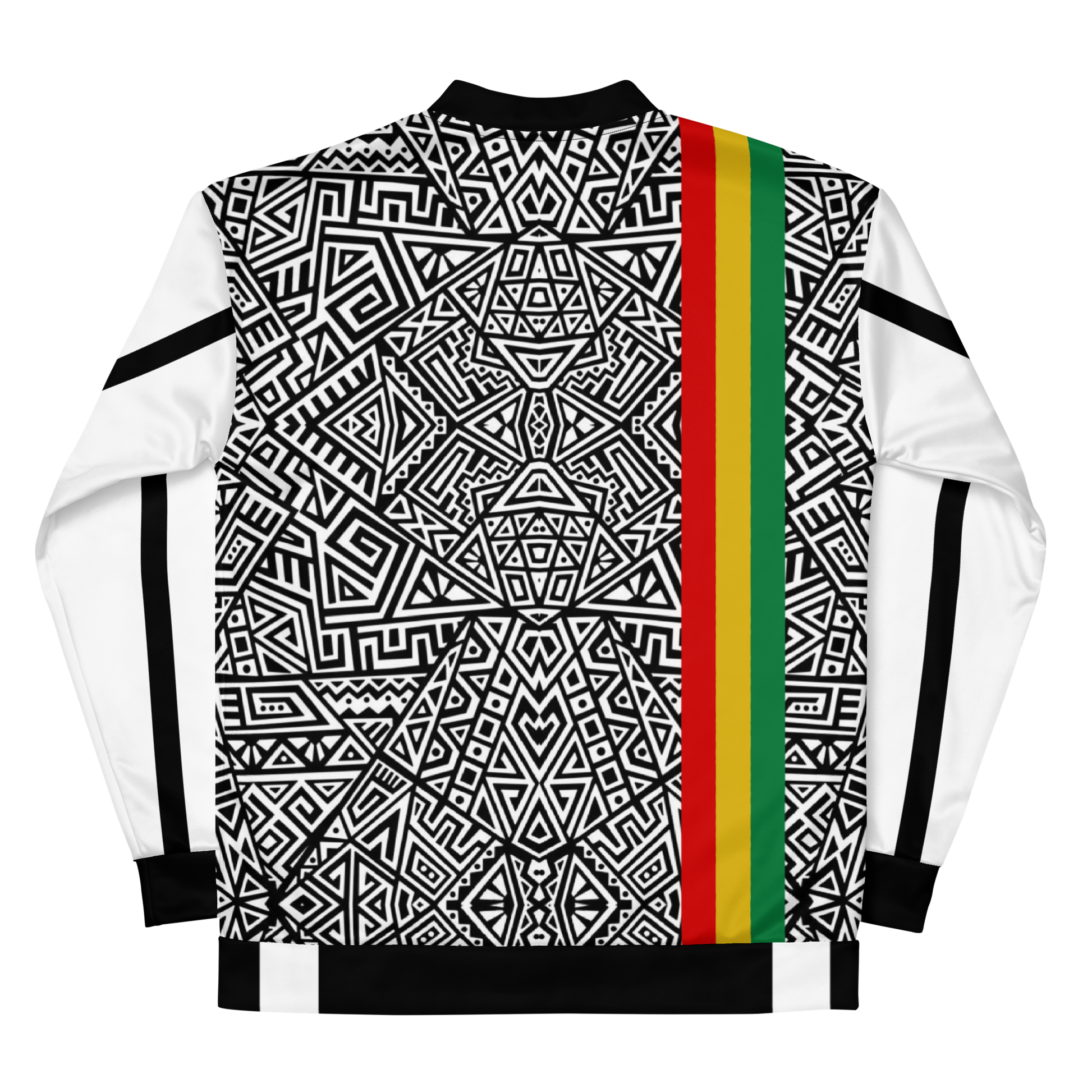 black and white african print bomber jacket with rastafarian flag