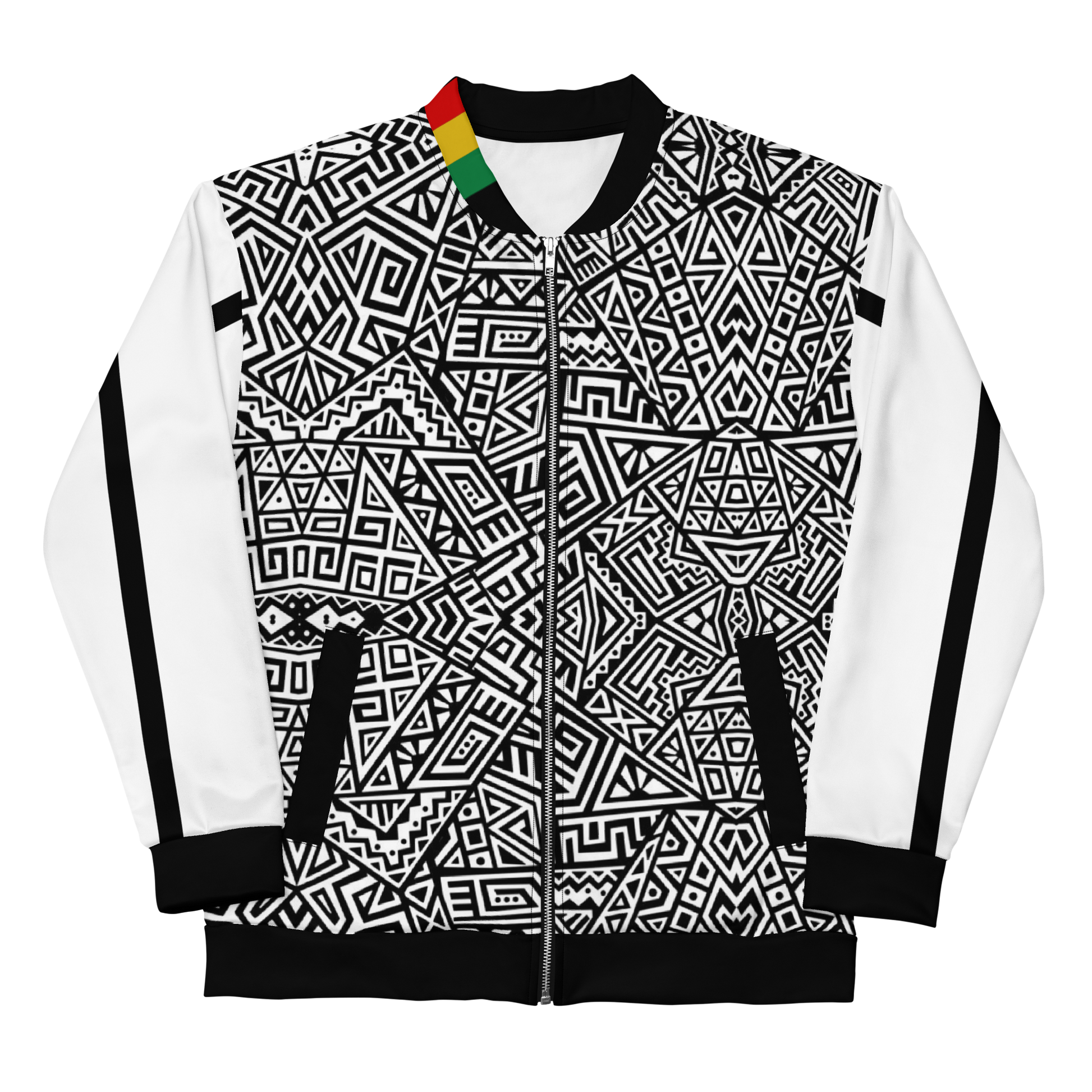 black and white african print bomber jacket with rastafarian flag