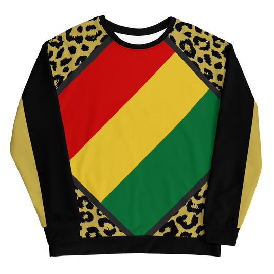  all-over printed sweatshirt with nyabinghi rasta flag and leopard print accents