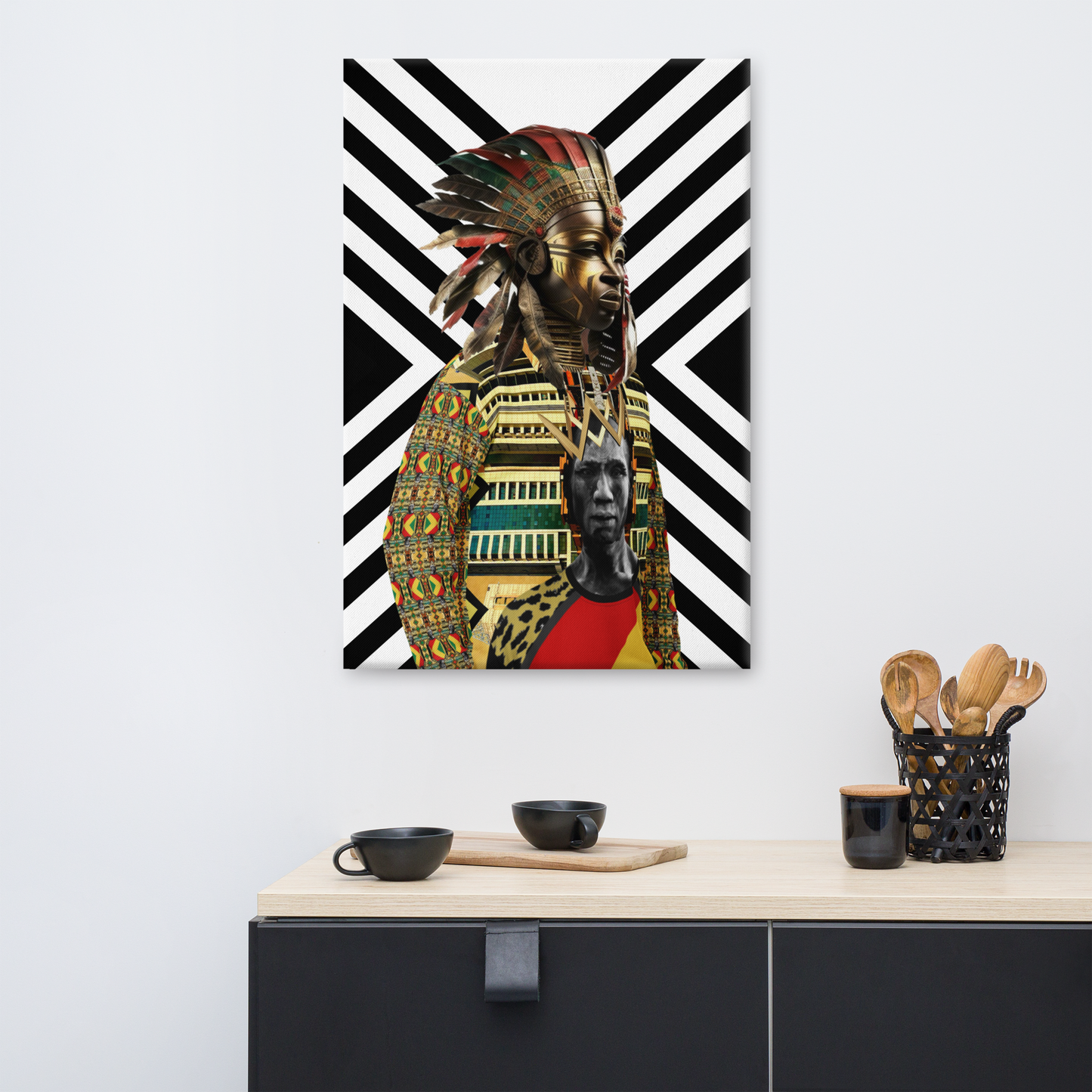 Afrofuturism NIF GOD figure in 1250 Sweatshirt on Imigongo print background painting on a white wall over a cabinet