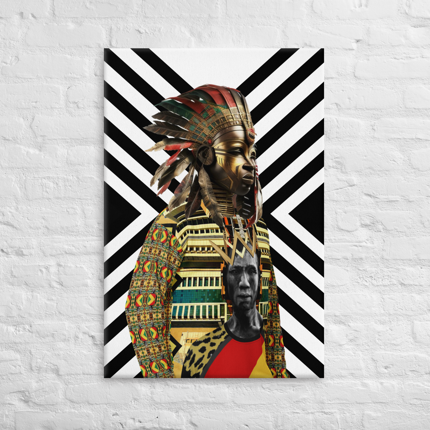 Afrofuturism NIF GOD figure in 1250 Sweatshirt on Imigongo print background painting on a white brick wall