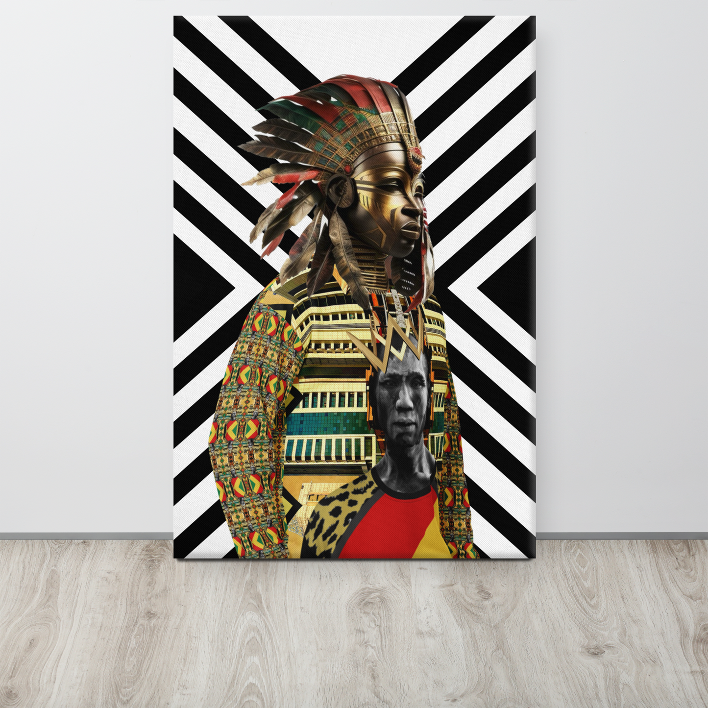 Afrofuturism NIF GOD figure in 1250 Sweatshirt on Imigongo print background painting sitting on the floor