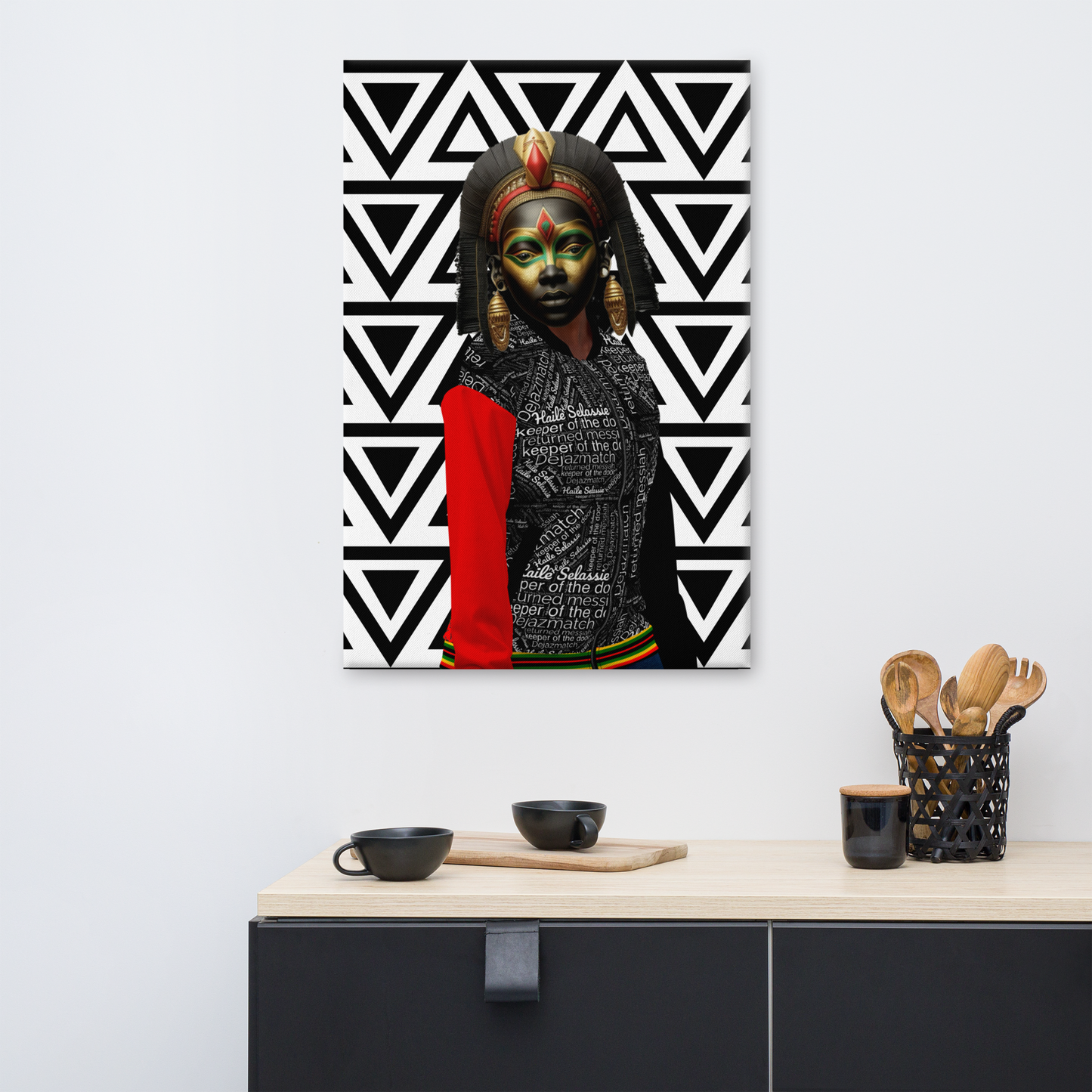 Afrofuturism NIF GOD figure in 1930 jacket on Imigongo print background painting on a white wall above a cabinet