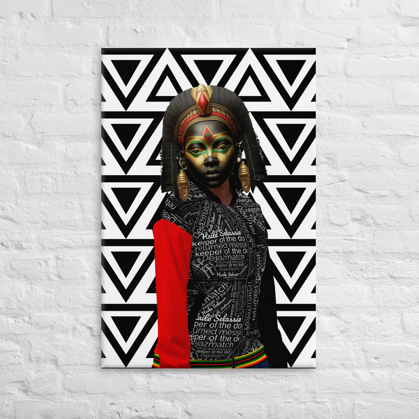 Afrofuturism NIF GOD figure in 1930 jacket on Imigongo print background painting on white brick wall