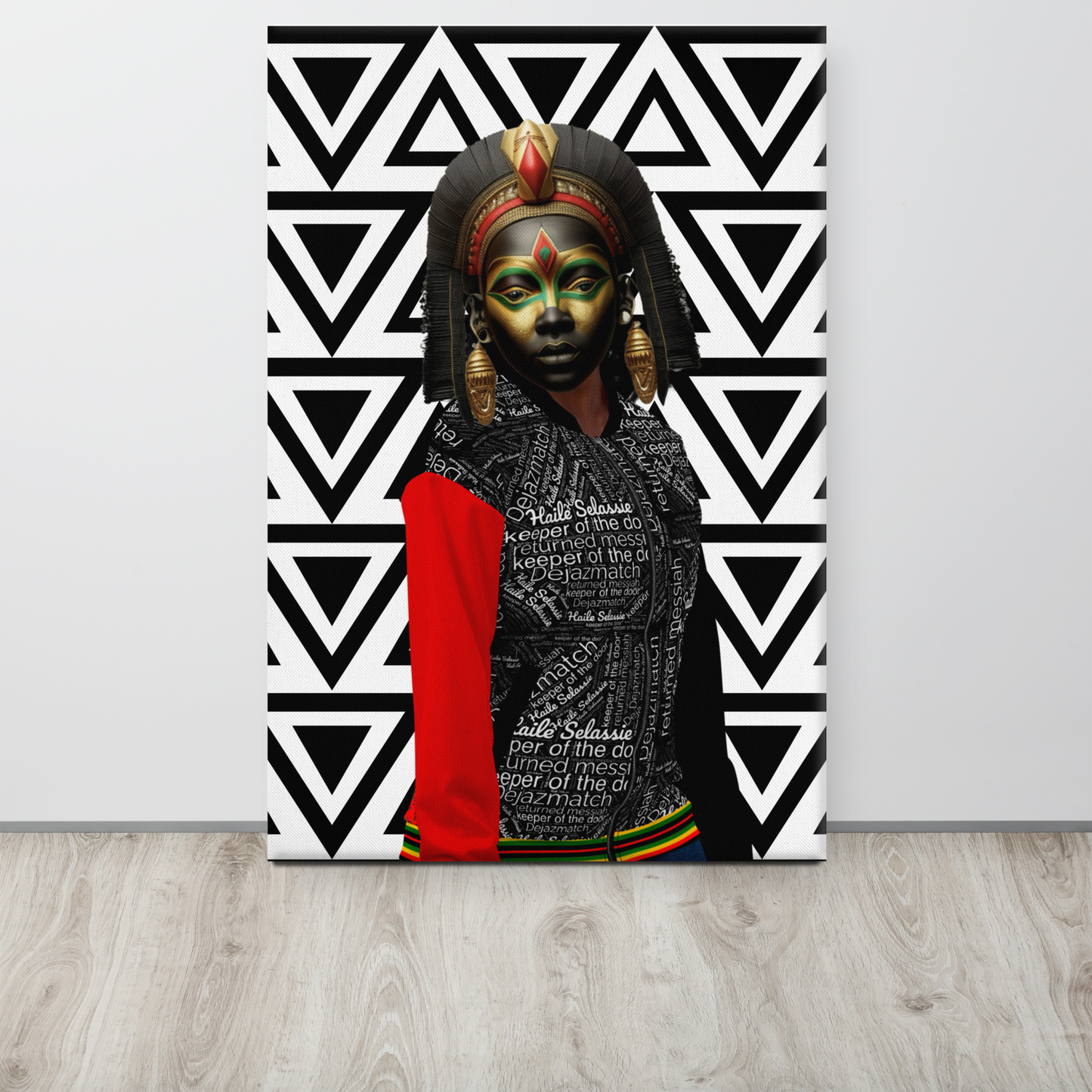 Afrofuturism NIF GOD figure in 1930 jacket on Imigongo print background painting sitting on floor