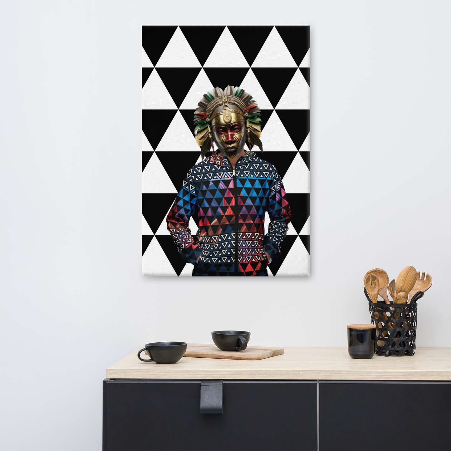 Afrofuturism NIF GOD figure in 1250 jacket on Imigongo print background painting on a white wall above a cabinet