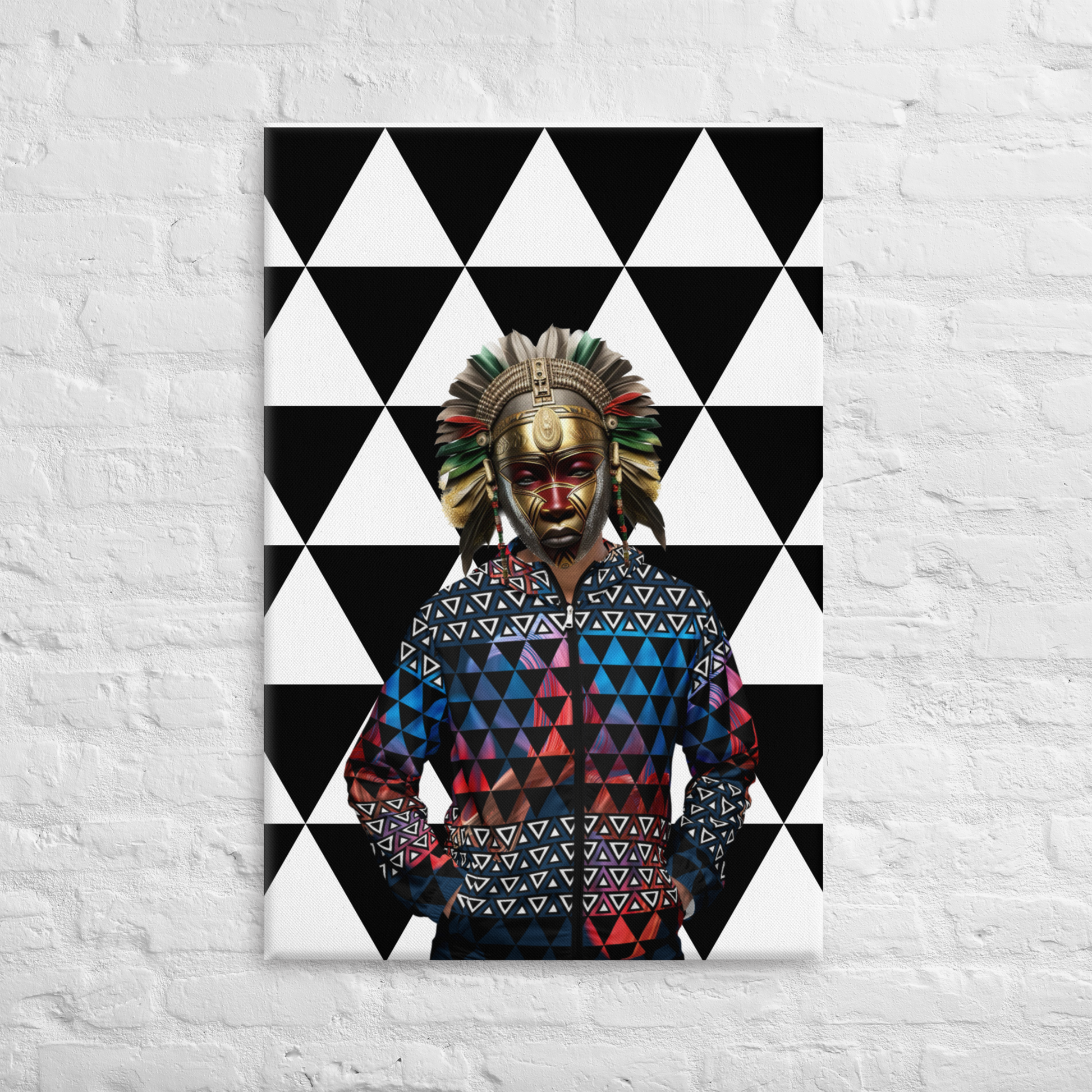 Afrofuturism NIF GOD figure in 1250 jacket on Imigongo print background painting on a white brick wall