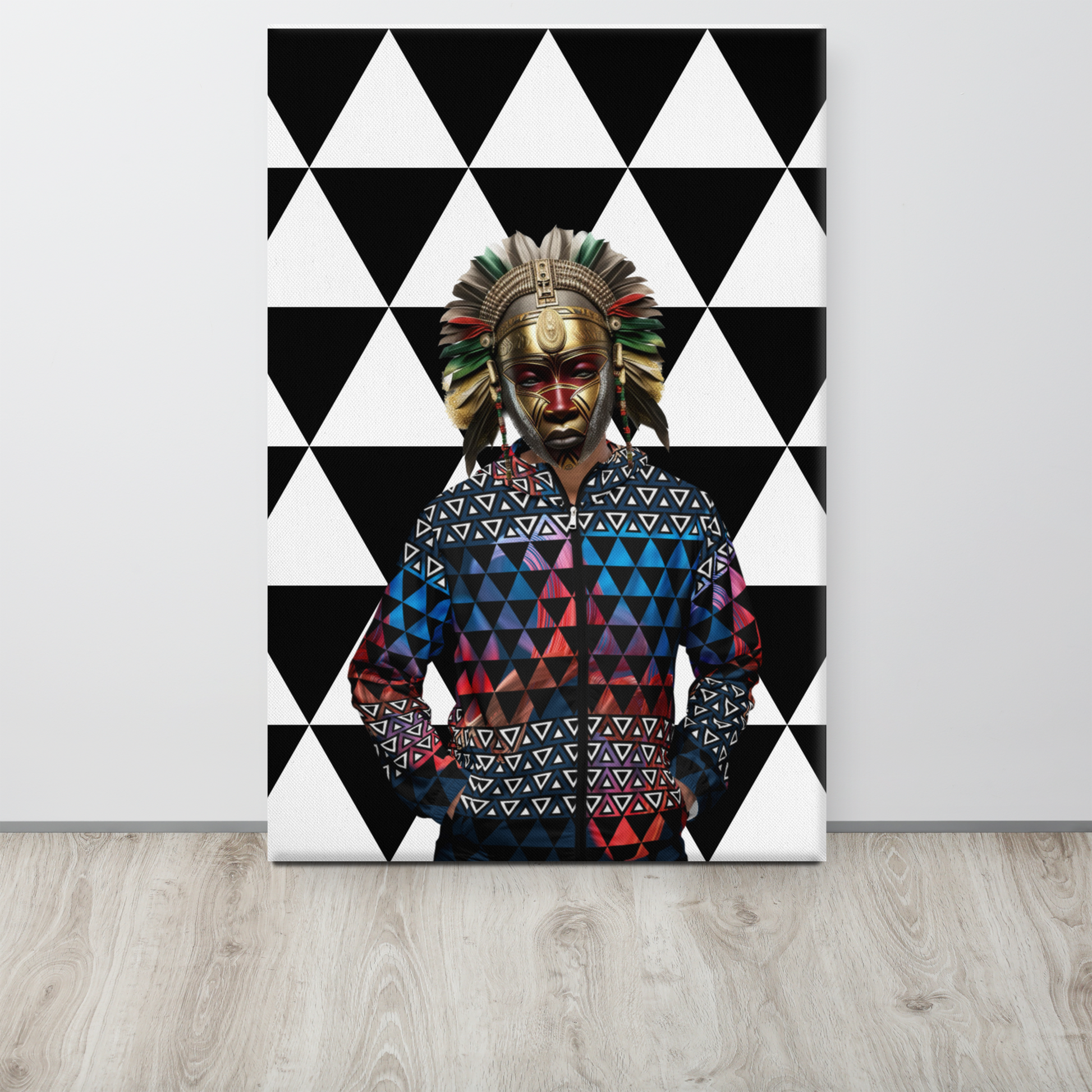 Afrofuturism NIF GOD figure in 1250 jacket on Imigongo print background painting on the floor