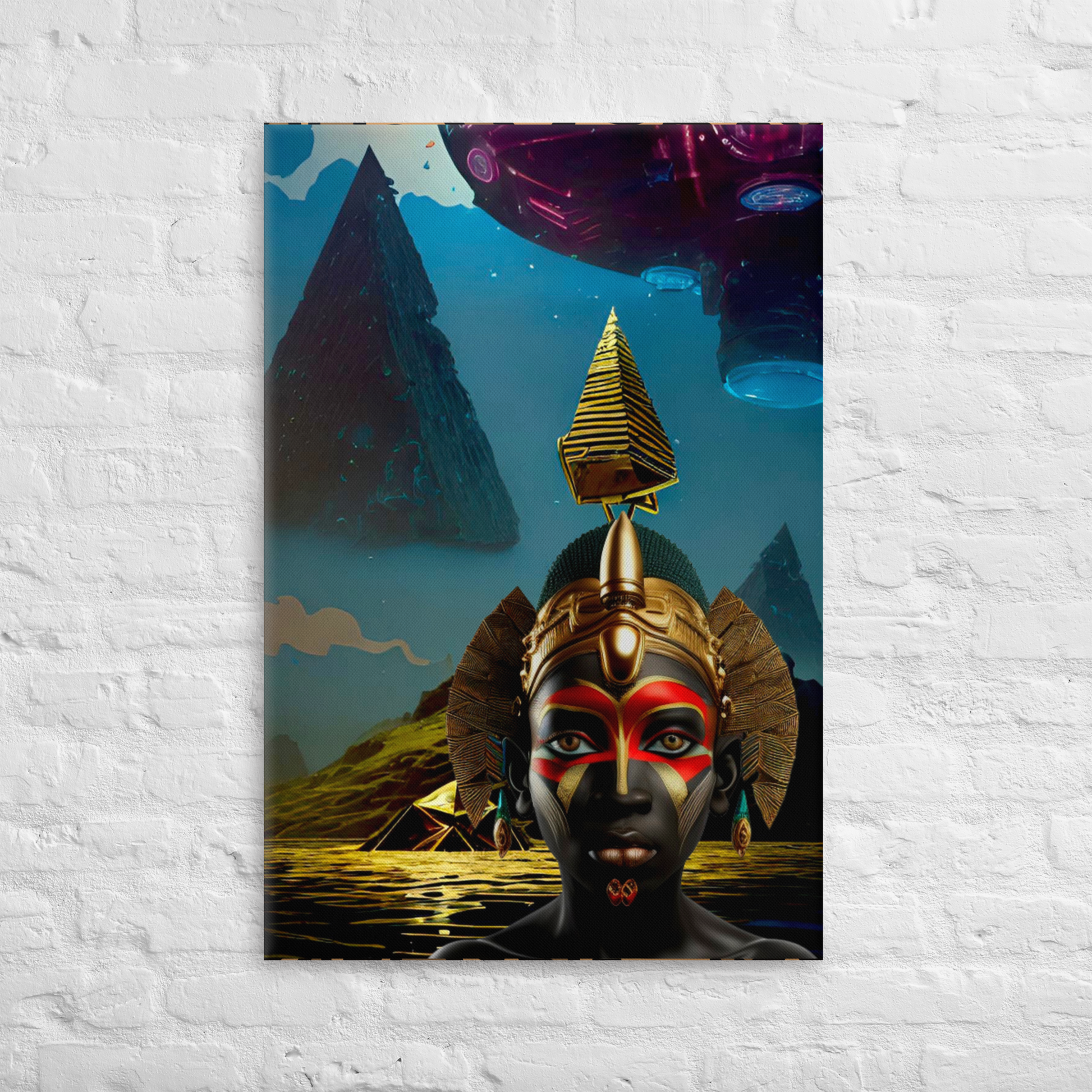 Afrofuturism NIF GOD figure in a gold ocean landscape beneath flying pyramids painting on white brick wall