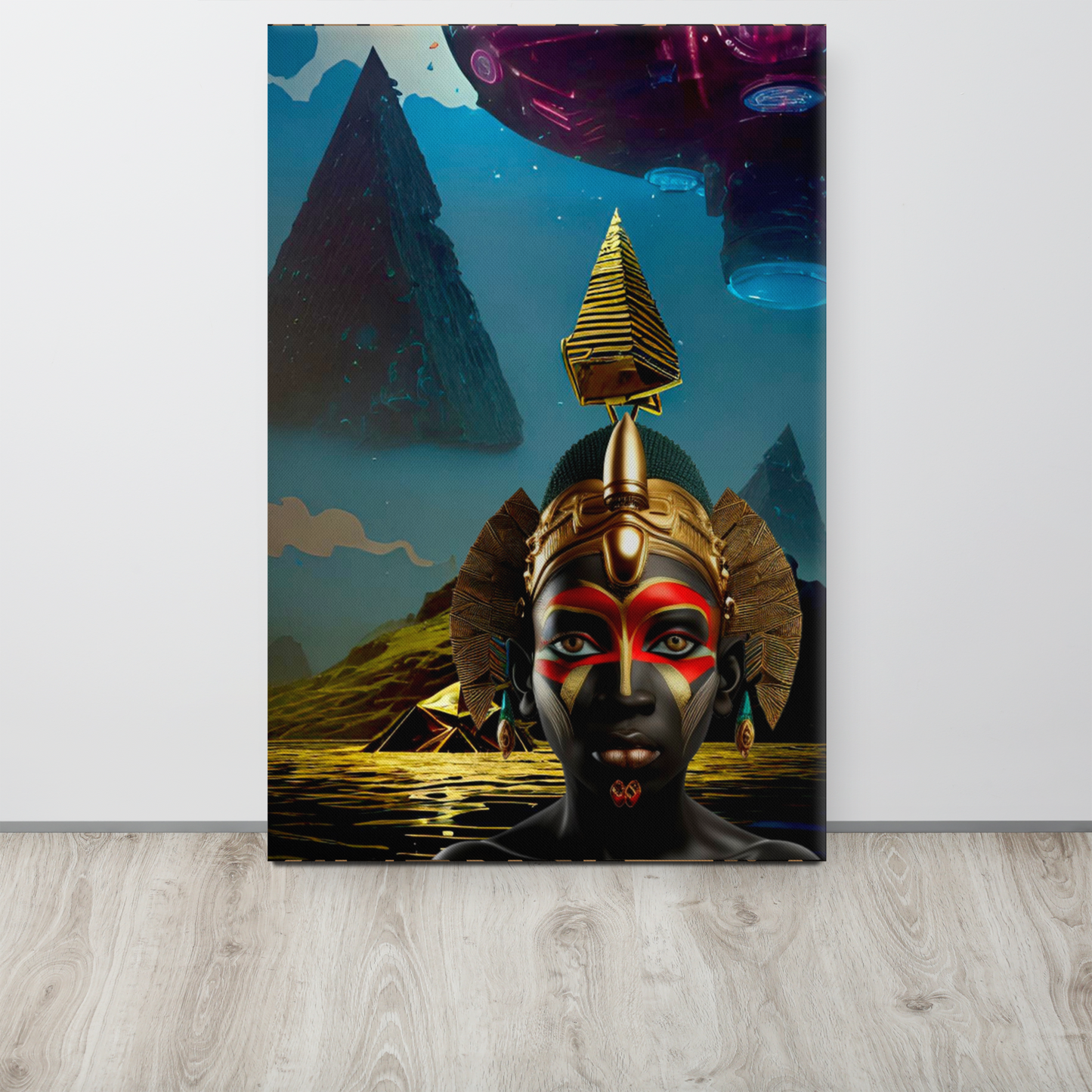 Afrofuturism NIF GOD figure in a gold ocean landscape beneath flying pyramids painting sitting on the floor