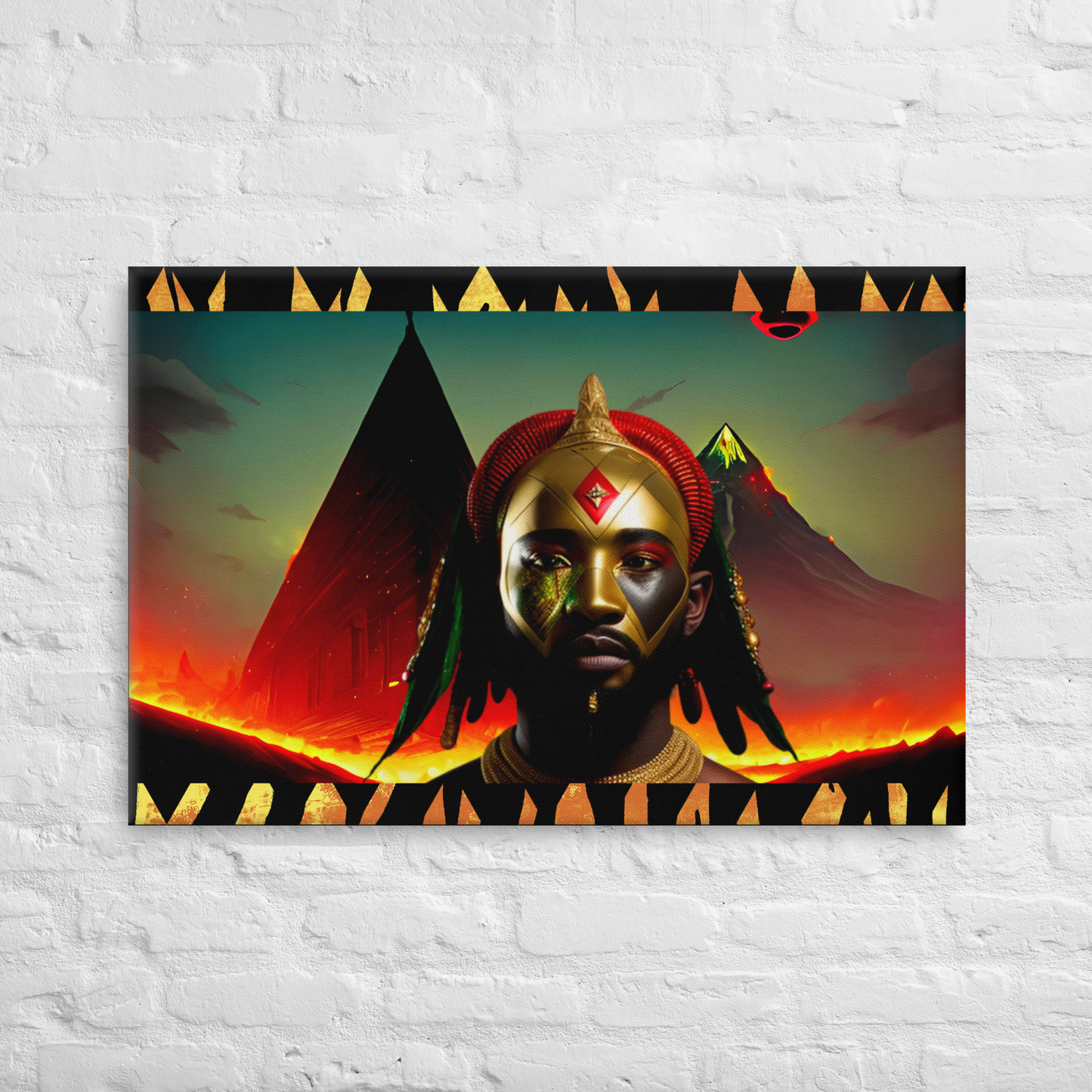 Afrofuturism NIF GOD figure in front of lava flows, mountains and mechanized pyramids in an ancient futuristic Egyptian scene painting on white brick wall