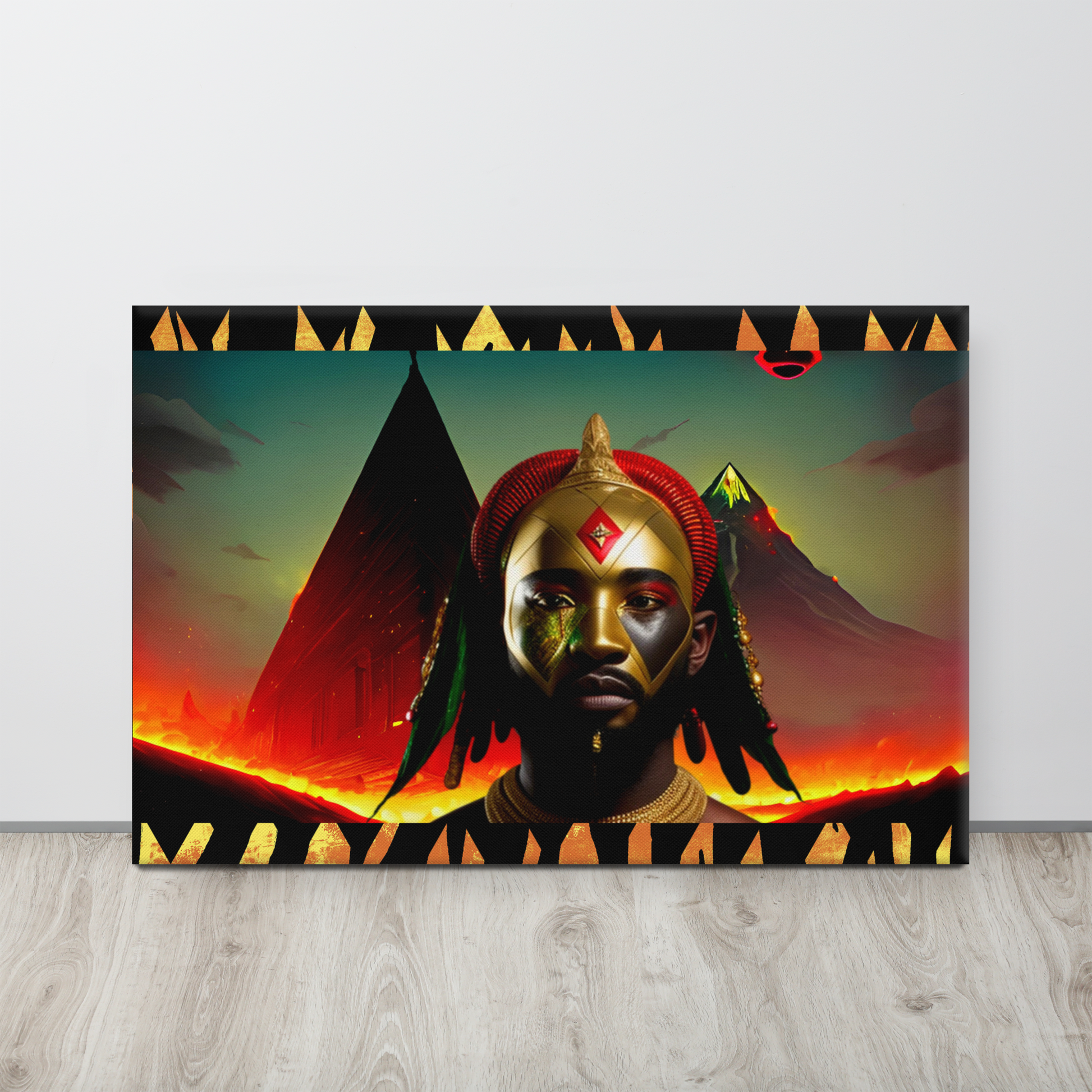 Afrofuturism NIF GOD figure in front of lava flows, mountains and mechanized pyramids in an ancient futuristic Egyptian scene painting on floor