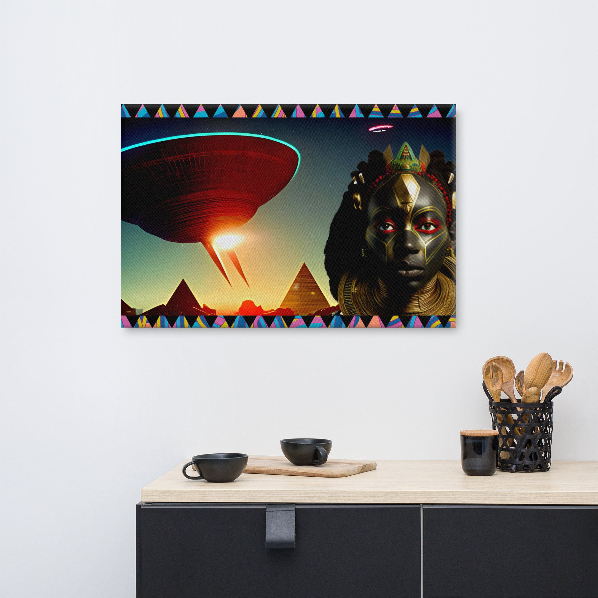 Afrofuturism NIF GOD figure in front of a levitating UFO and ancient futuristic  Egypt scene with pyramids painting on white wall