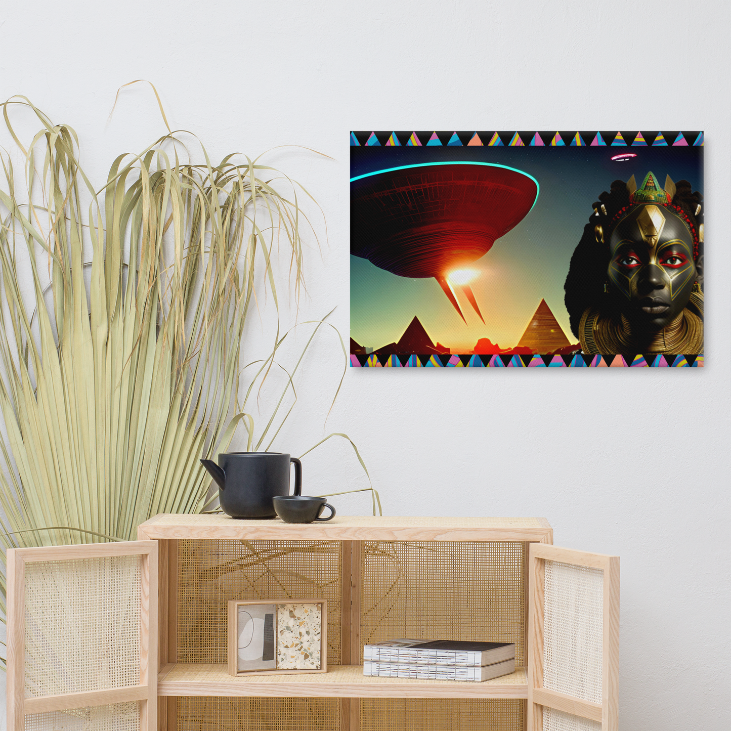 Afrofuturism NIF GOD figure in front of a levitating UFO and ancient futuristic  Egypt scene with pyramids painting on white wall in home