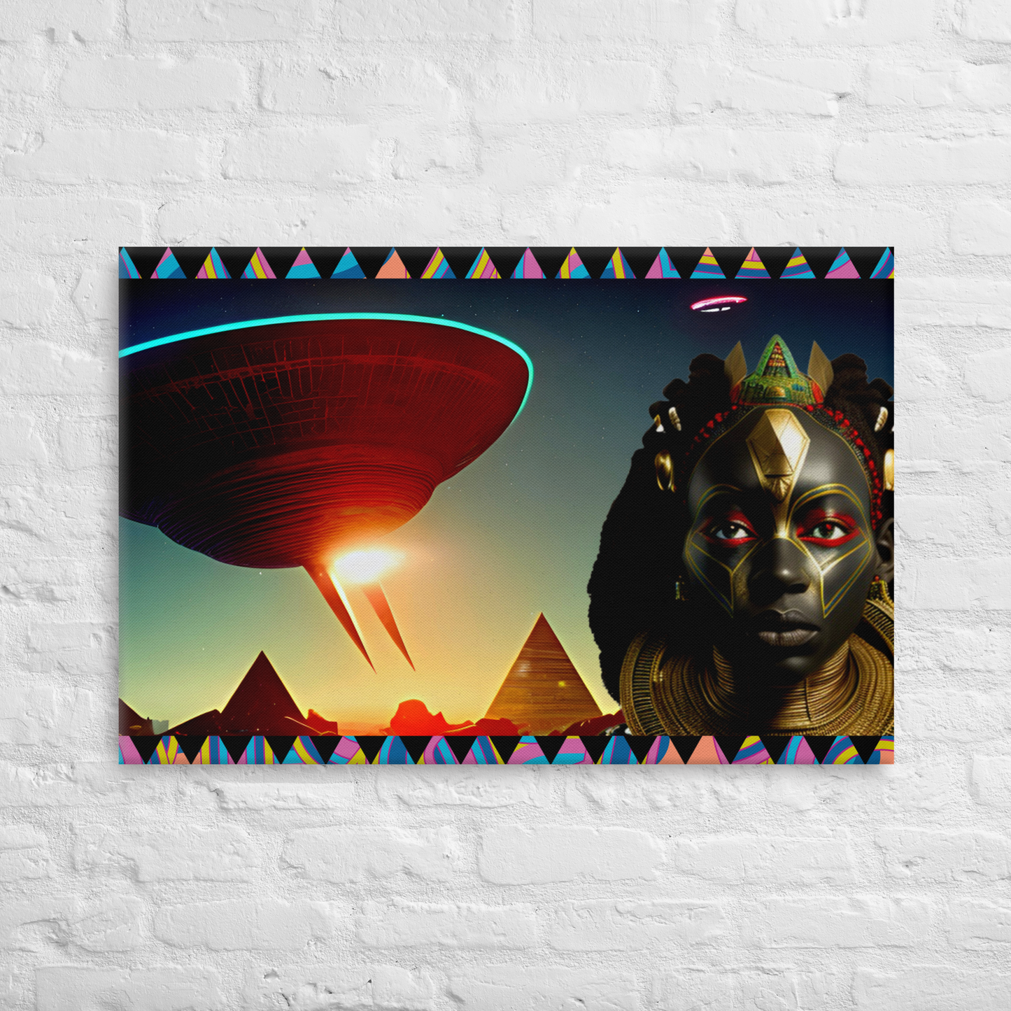 Afrofuturism NIF GOD figure in front of a levitating UFO and ancient futuristic  Egypt scene with pyramids painting on white brick wall