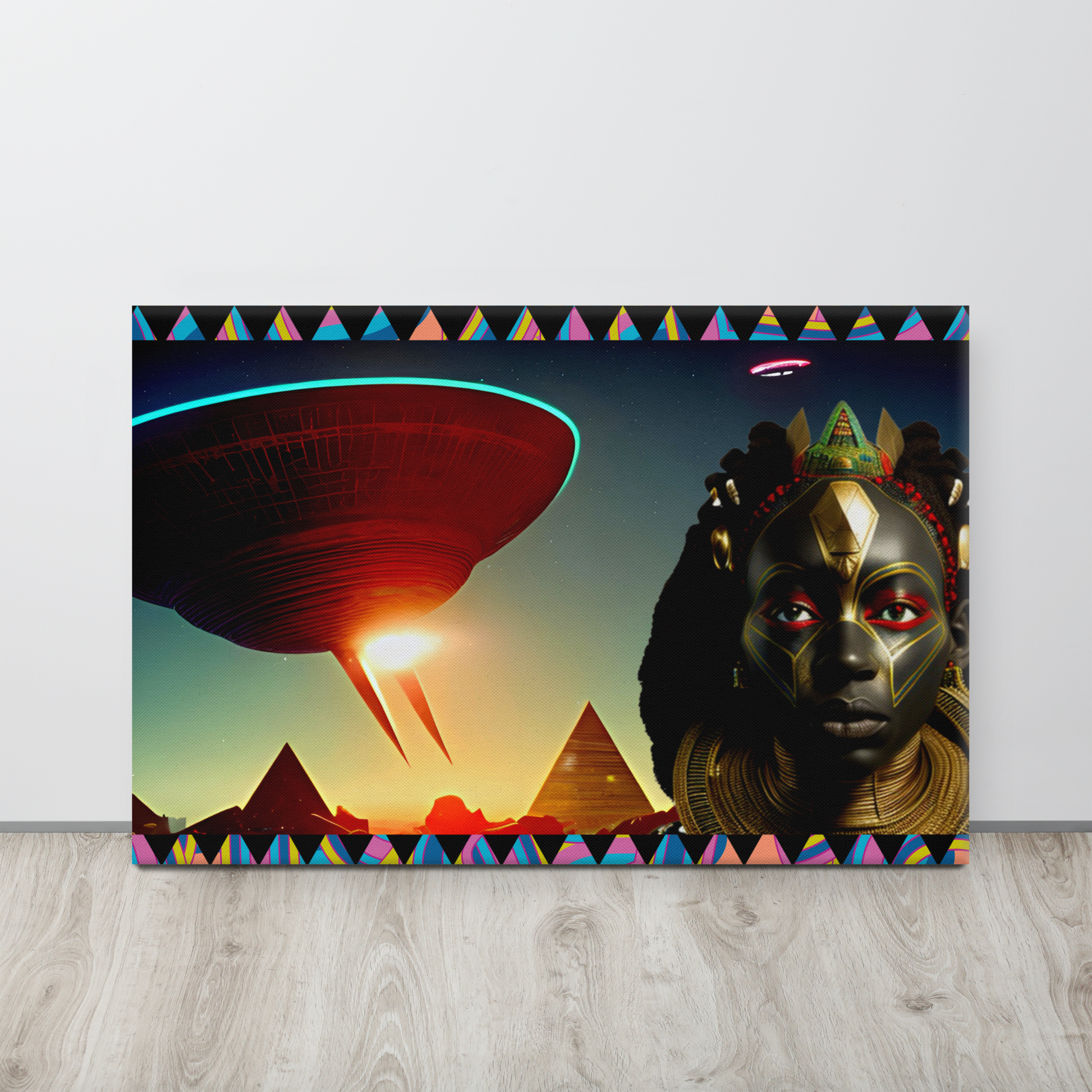 Afrofuturism NIF GOD figure in front of a levitating UFO and ancient futuristic  Egypt scene with pyramids painting on floor