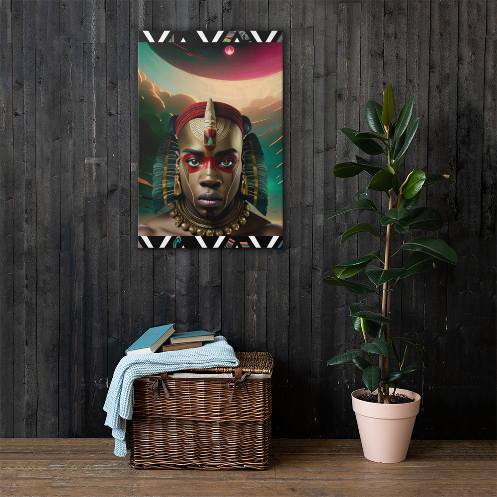 Afrofuturism NIF GOD figure below clouds and a landing UFO painting on black wooden wall in home