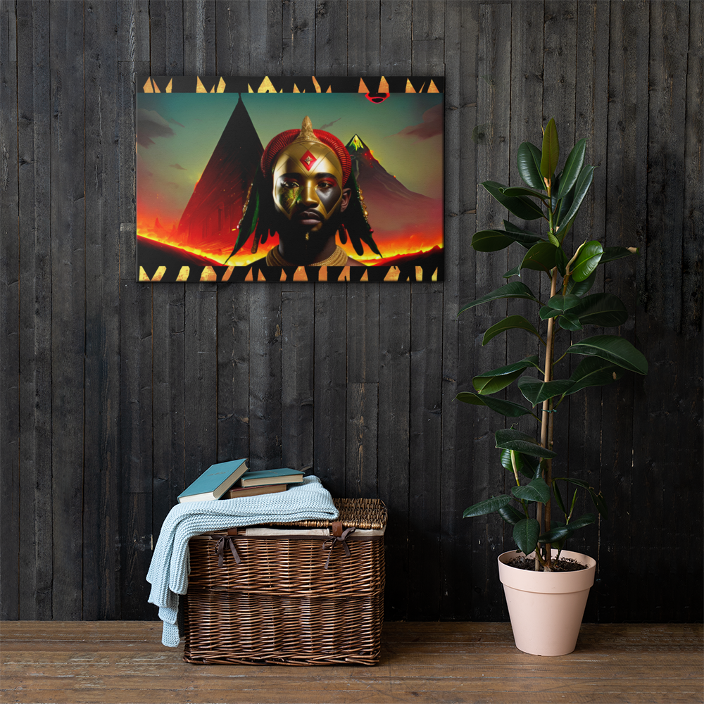 Afrofuturism NIF GOD figure in front of lava flows, mountains and mechanized pyramids in an ancient futuristic Egyptian scene painting on black wooden wall