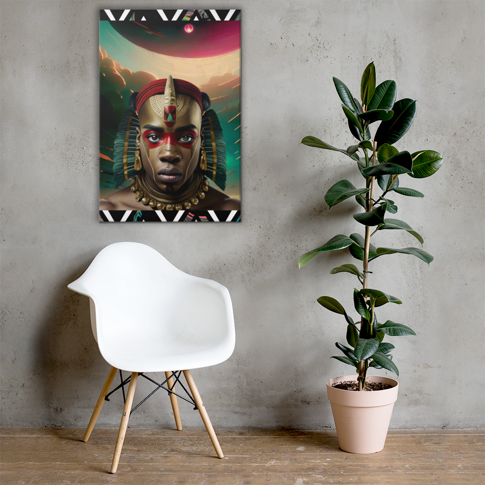 Afrofuturism NIF GOD figure below clouds and a landing UFO painting on gray wall in home