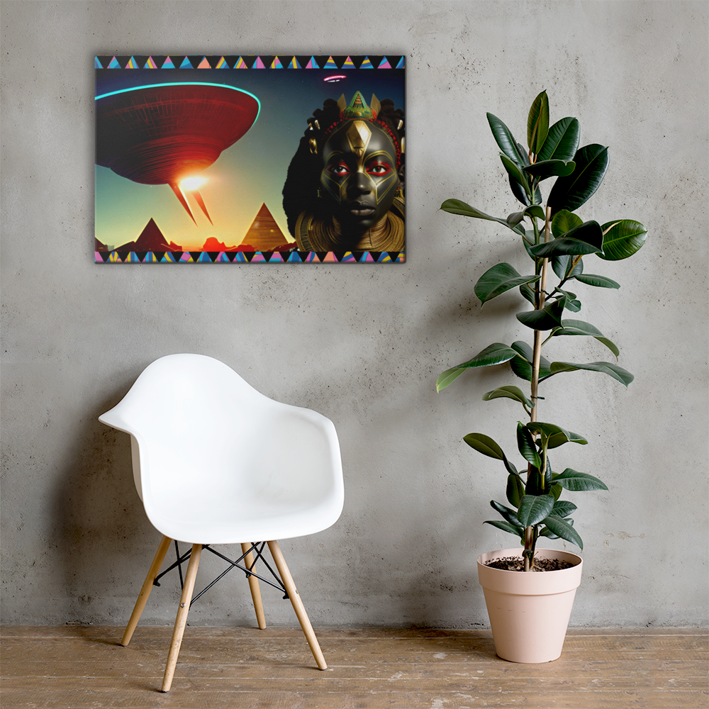 Afrofuturism NIF GOD figure in front of a levitating UFO and ancient futuristic  Egypt scene with pyramids painting on gray wall in home