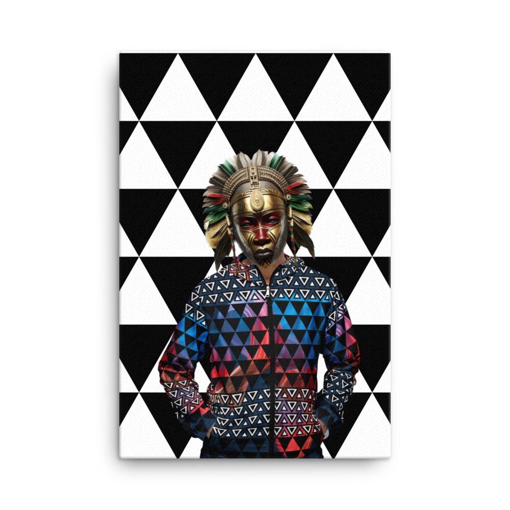 Afrofuturism NIF GOD figure in 1250 jacket on Imigongo print background