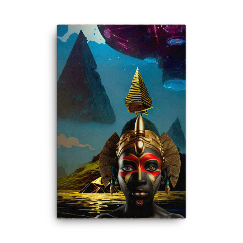 Afrofuturism NIF GOD figure in a gold ocean landscape beneath flying pyramids 