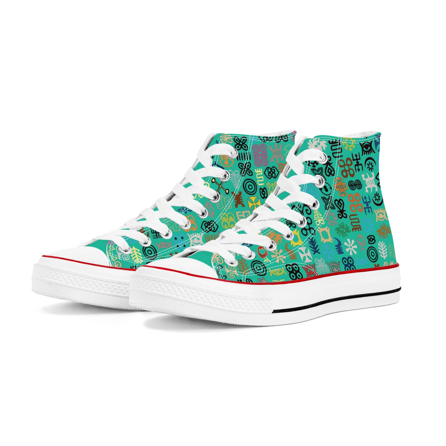 ADINKRA HIGH TOP CANVAS SHOES - TURQUOISE GREEN SNEAKERS WITH MULTICOLOR PRINT