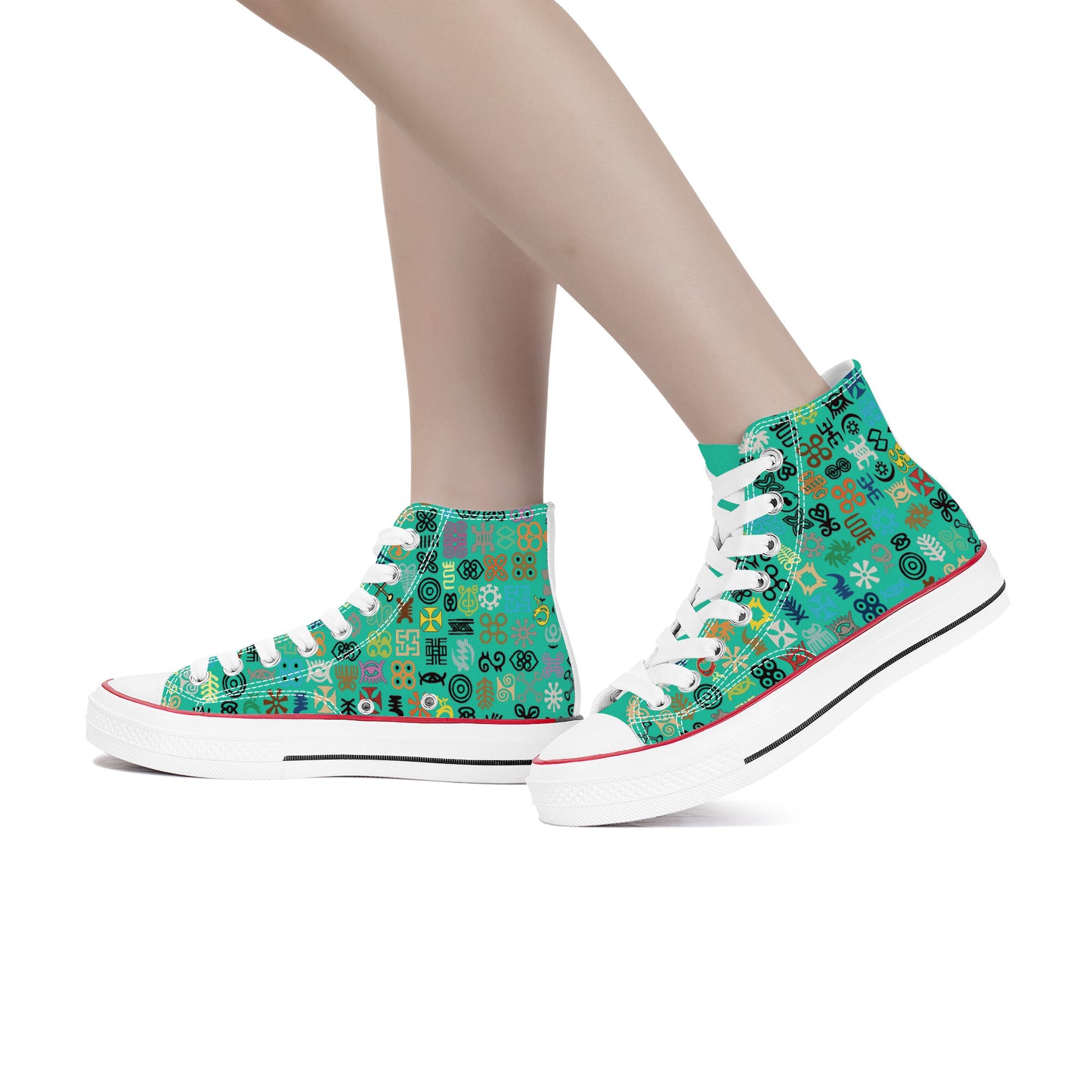 ADINKRA HIGH TOP CANVAS SHOES - TURQUOISE GREEN SNEAKERS WITH MULTICOLOR PRINT