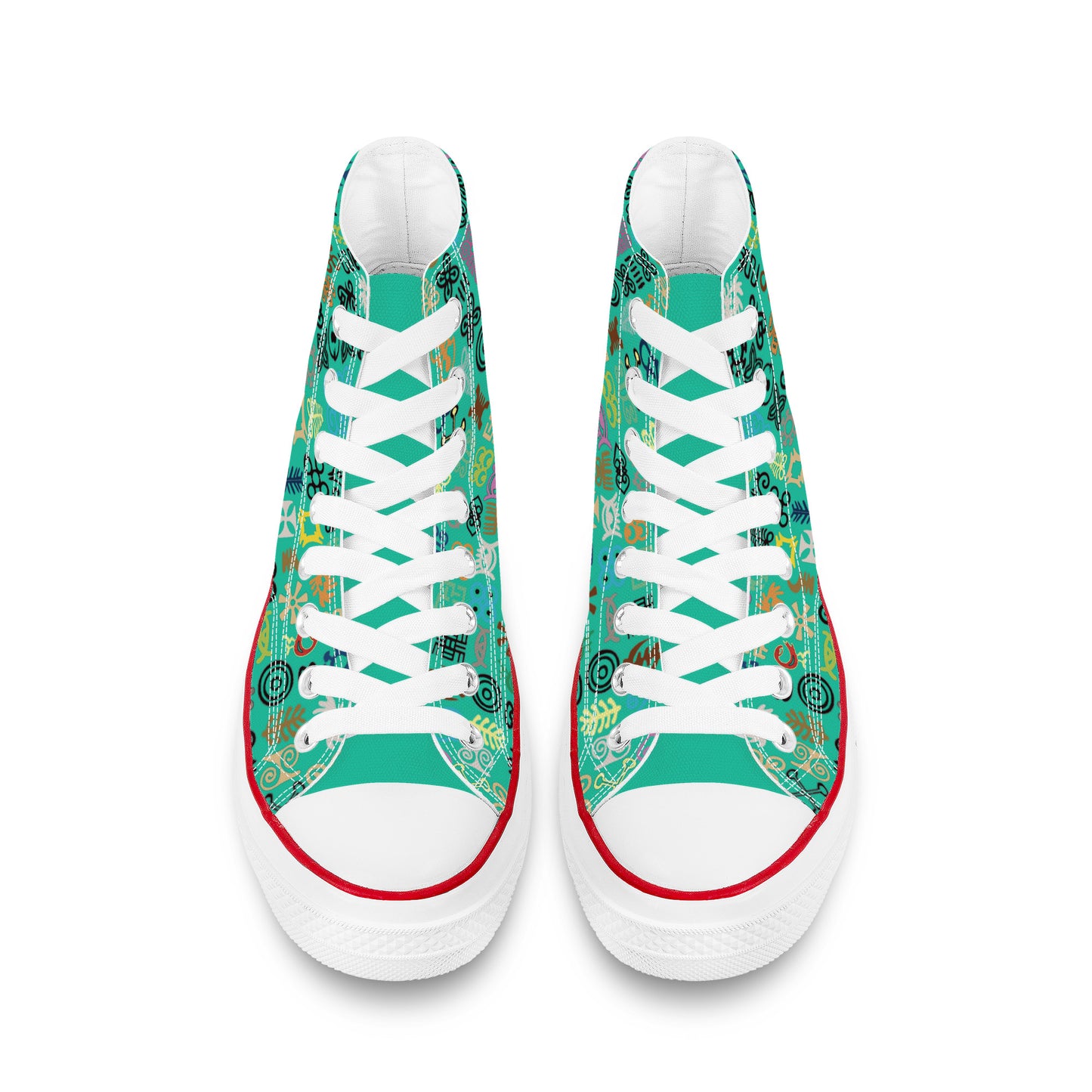 ADINKRA HIGH TOP CANVAS SHOES - TURQUOISE GREEN SNEAKERS WITH MULTICOLOR PRINT