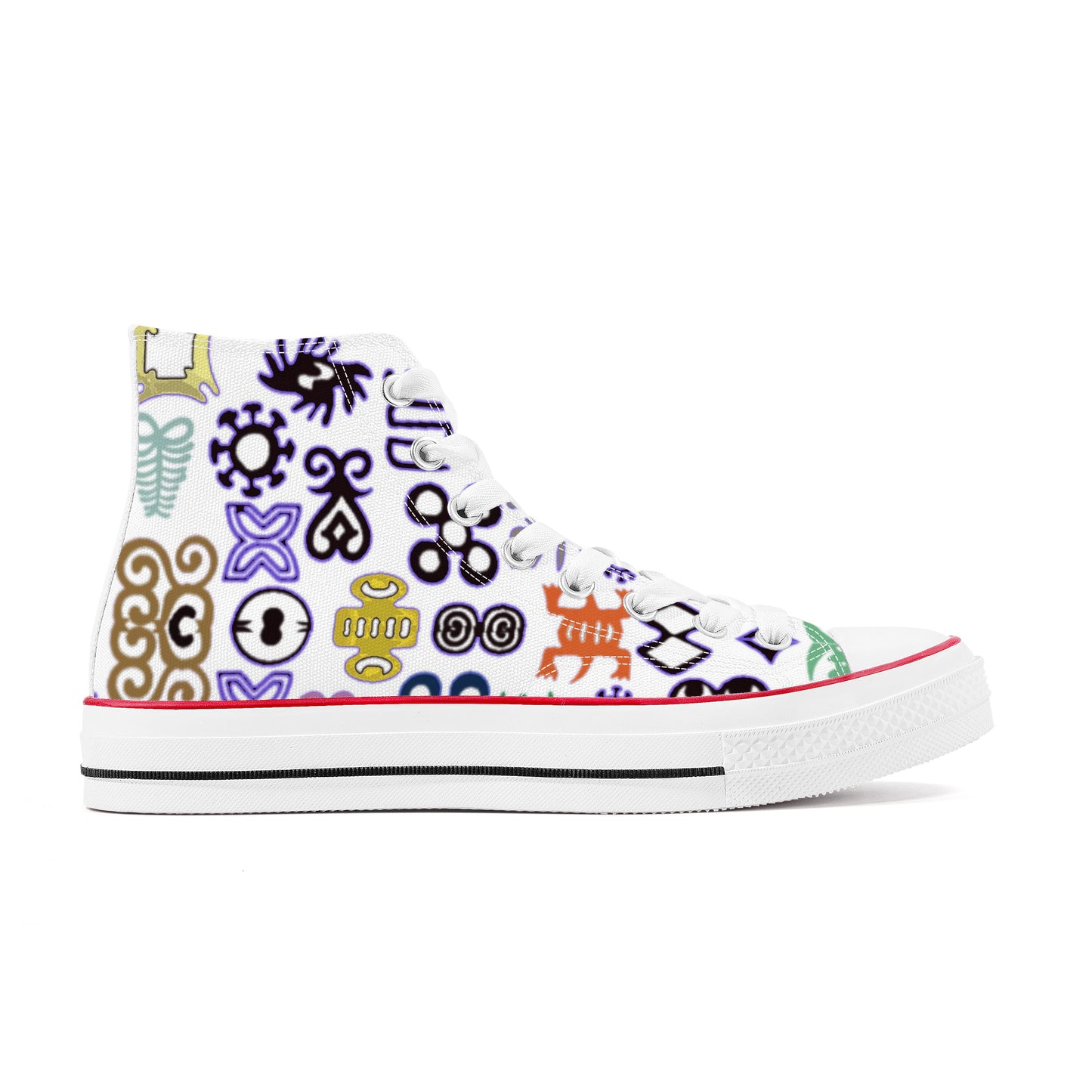 ADINKRA HIGH TOP CANVAS SHOES - WHITE SNEAKERS WITH MULTICOLOR PRINT