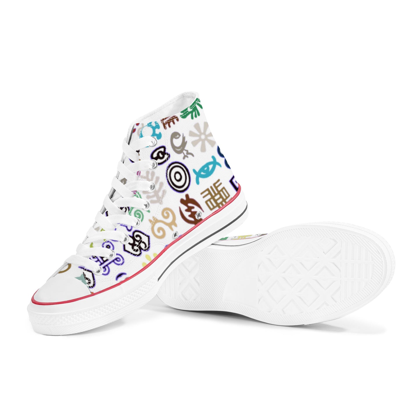 ADINKRA HIGH TOP CANVAS SHOES - WHITE SNEAKERS WITH MULTICOLOR PRINT