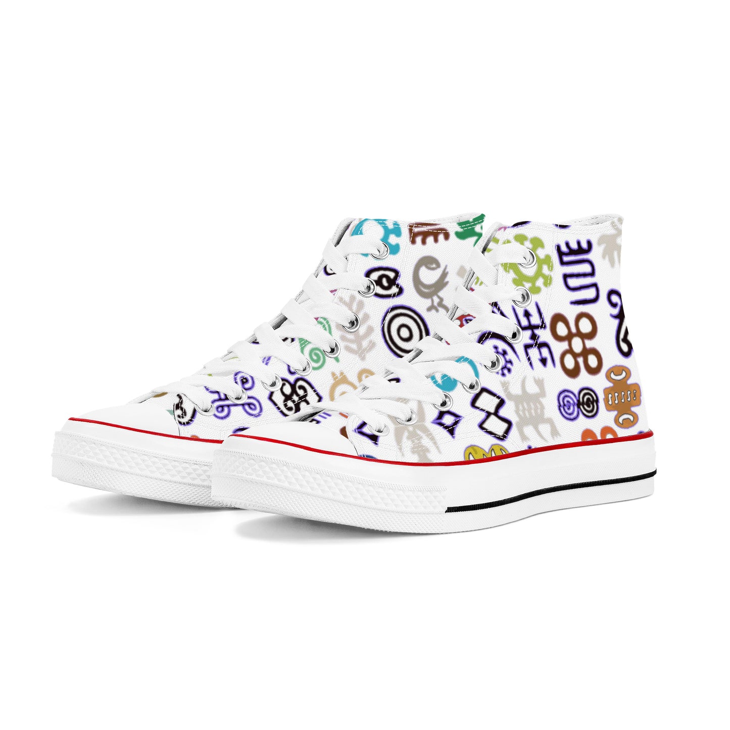 ADINKRA HIGH TOP CANVAS SHOES - WHITE SNEAKERS WITH MULTICOLOR PRINT