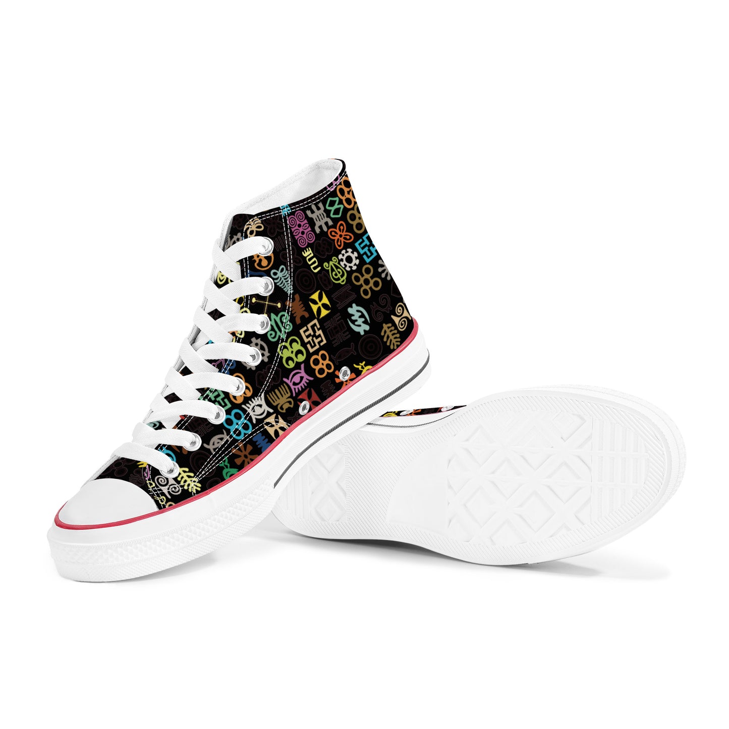 ADINKRA HIGH TOP CANVAS SHOES - BLACK SNEAKERS WITH MULTICOLOR PRINT