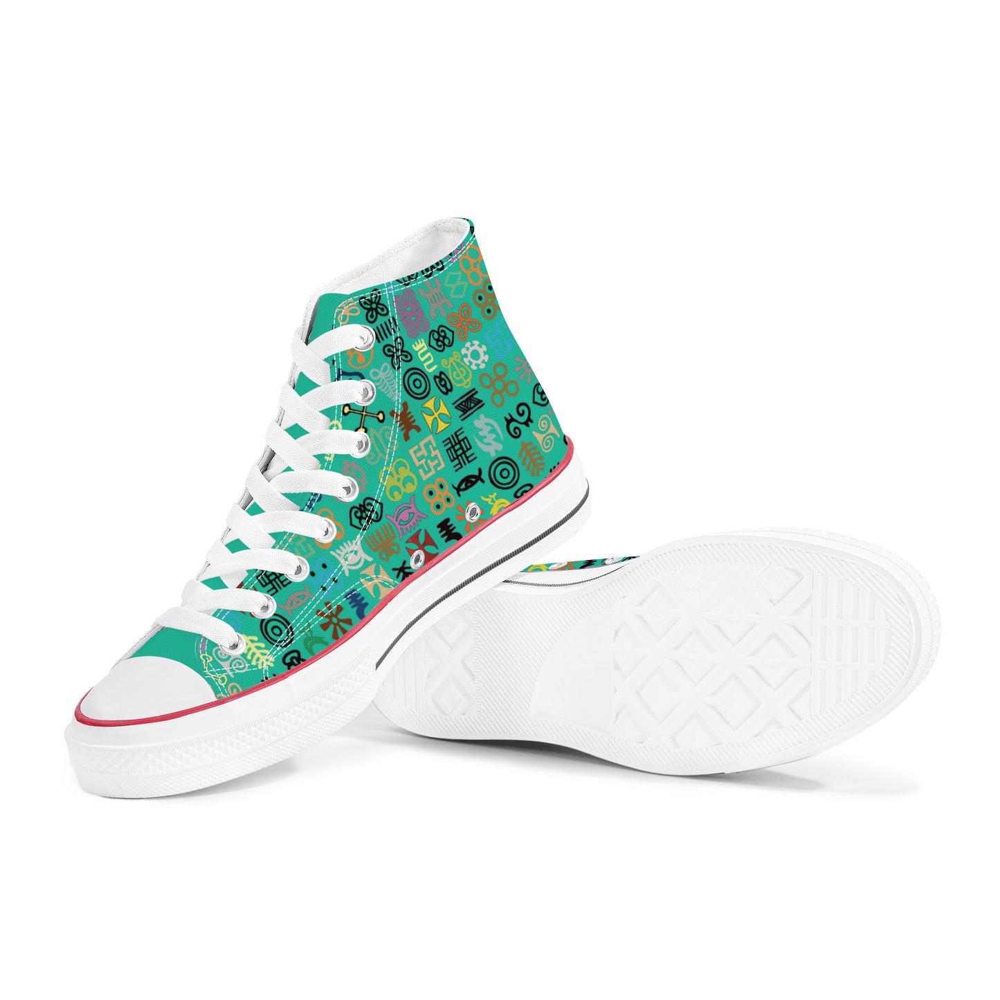 ADINKRA HIGH TOP CANVAS SHOES - TURQUOISE GREEN SNEAKERS WITH MULTICOLOR PRINT