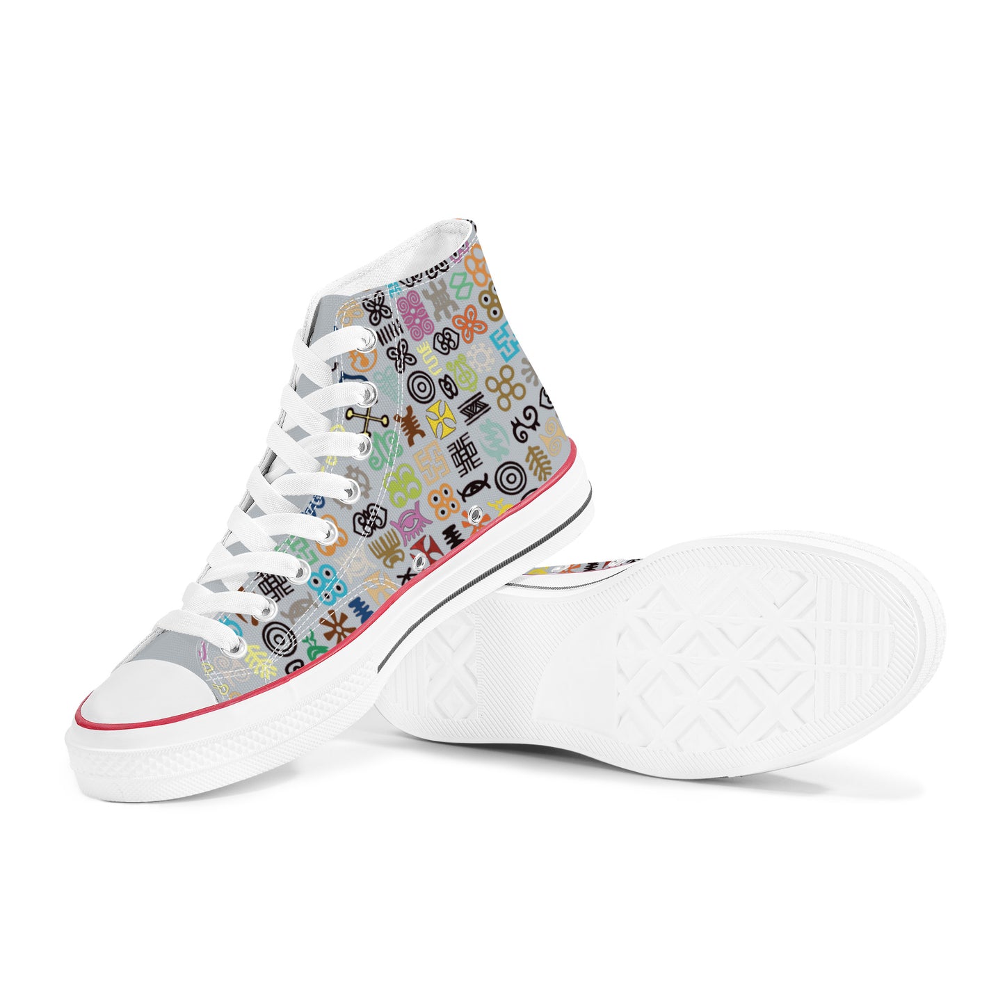 ADINKRA HIGH TOP CANVAS SHOES - SILVER GRAY SNEAKERS WITH MULTICOLOR PRINT