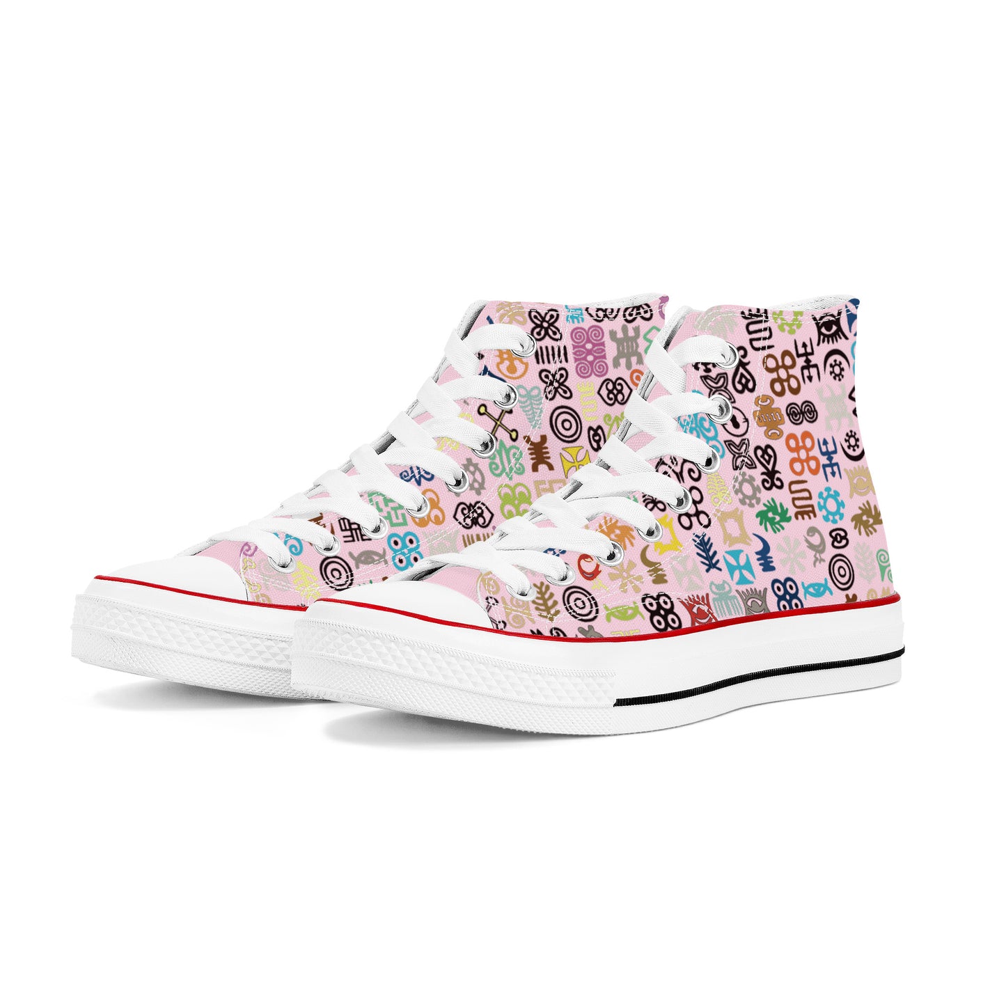 ADINKRA HIGH TOP CANVAS SHOES - SOFT PINK SNEAKERS WITH MULTICOLOR PRINT