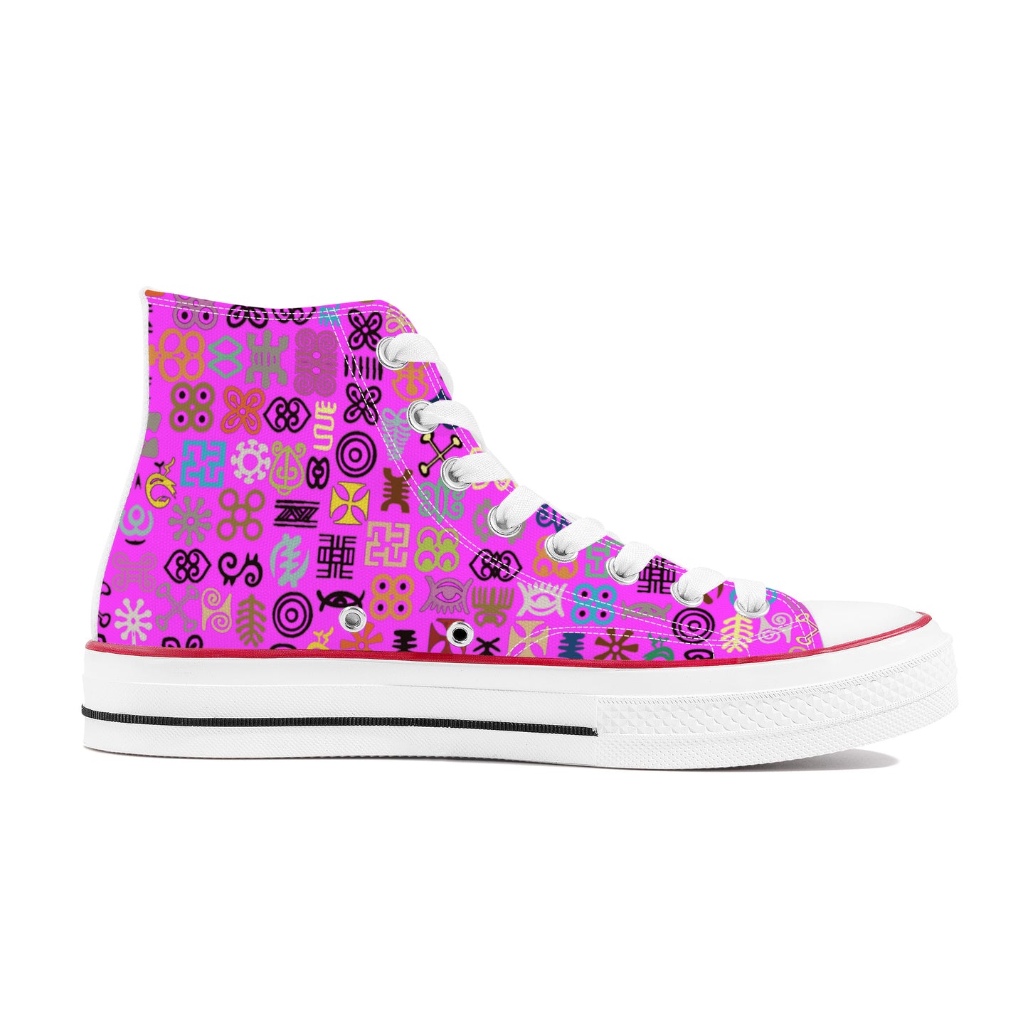 ADINKRA HIGH TOP CANVAS SHOES - HOT PURPLE SNEAKERS WITH MULTICOLOR PRINT