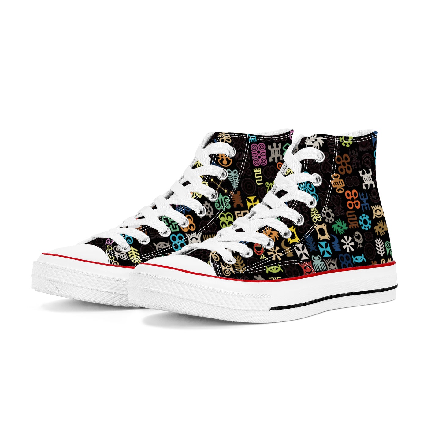 ADINKRA HIGH TOP CANVAS SHOES - BLACK SNEAKERS WITH MULTICOLOR PRINT