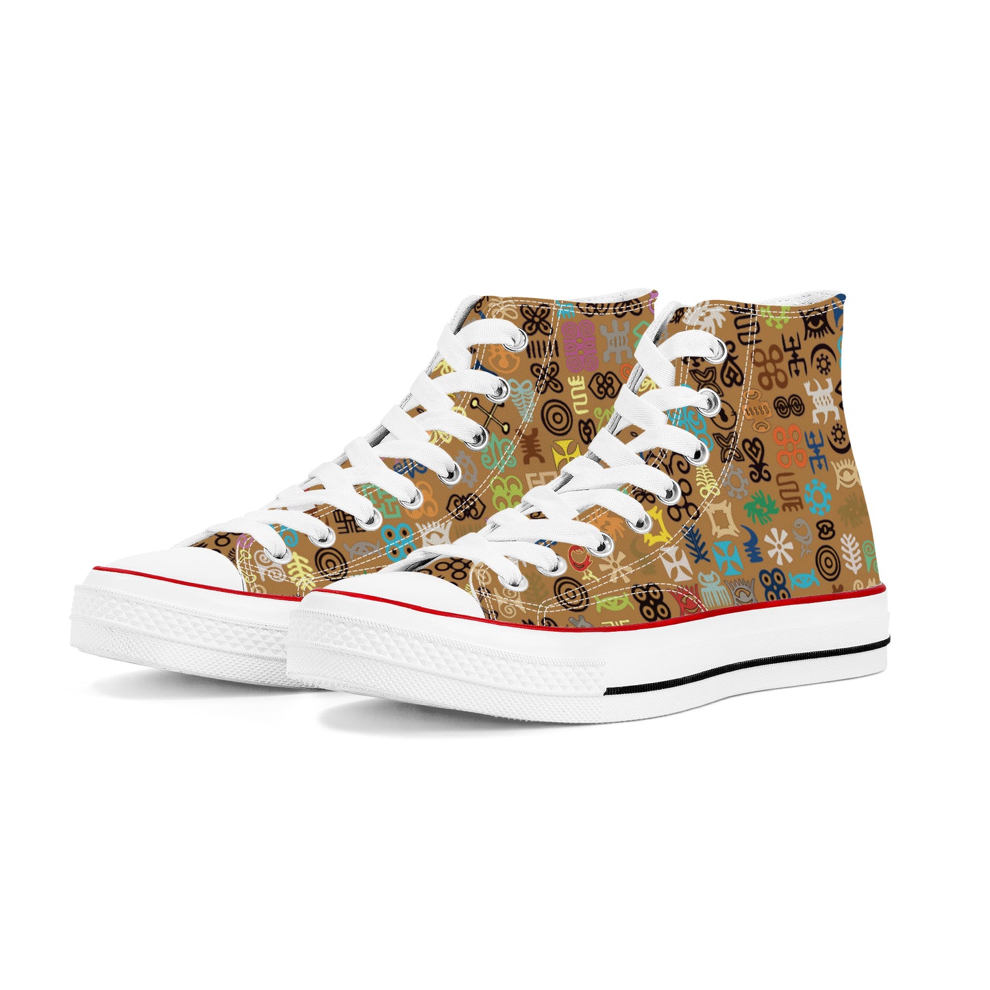 ADINKRA HIGH TOP CANVAS SHOES - COFFEE SNEAKERS WITH MULTICOLOR PRINT