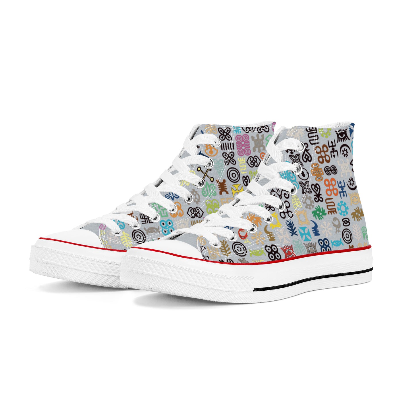 ADINKRA HIGH TOP CANVAS SHOES - SILVER GRAY SNEAKERS WITH MULTICOLOR PRINT