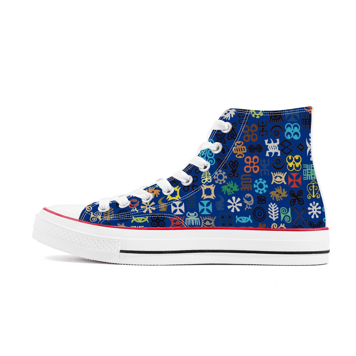 ADINKRA HIGH TOP CANVAS SHOES - BLUE SNEAKERS WITH MULTICOLOR PRINT